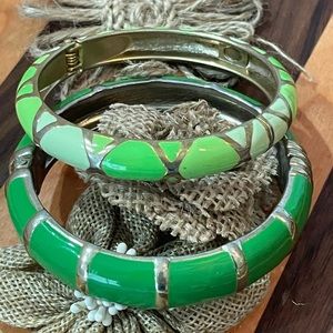 2 Silver and green enamel hinged bracelets